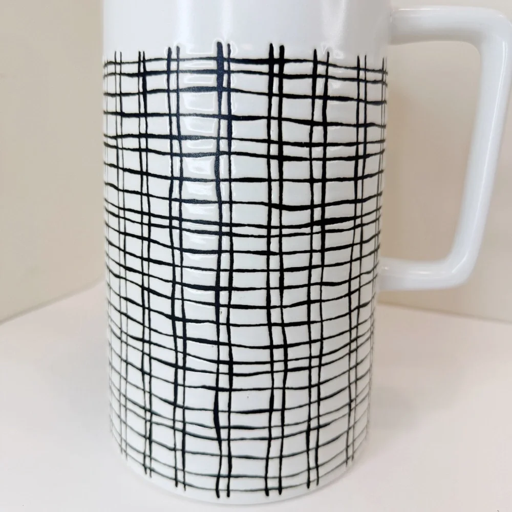 Pier 1 Imports Retired Ceramic Pitcher MCM Retro Off White Black Cross Hatch